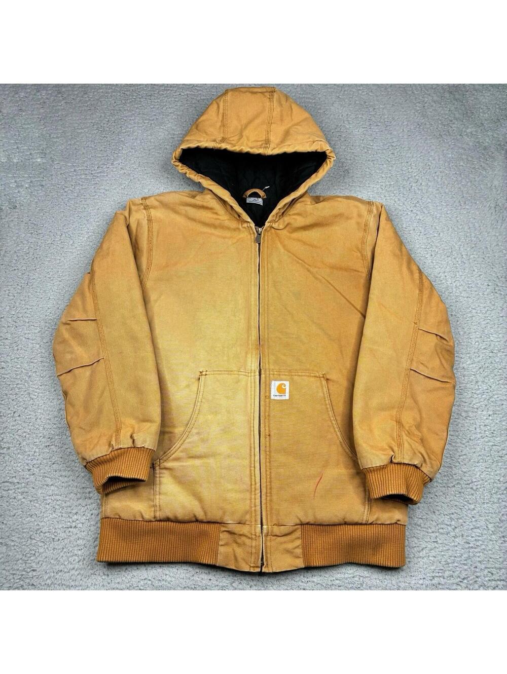 Carhartt Hooded Jacket Youth XL 18-20 Brown Canvas Quilted Workwear Faded Y2K